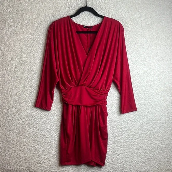 NWT Krisa Womens Red Long Sleeve Drape Skirt Surplice Mini Dress XS XSMALL
